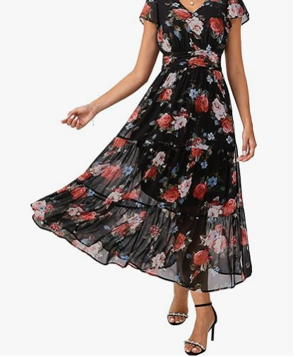 Women's summer dress, ultra-long sleeve floral dress, semi-formal flowing wedding guest gown with pockets